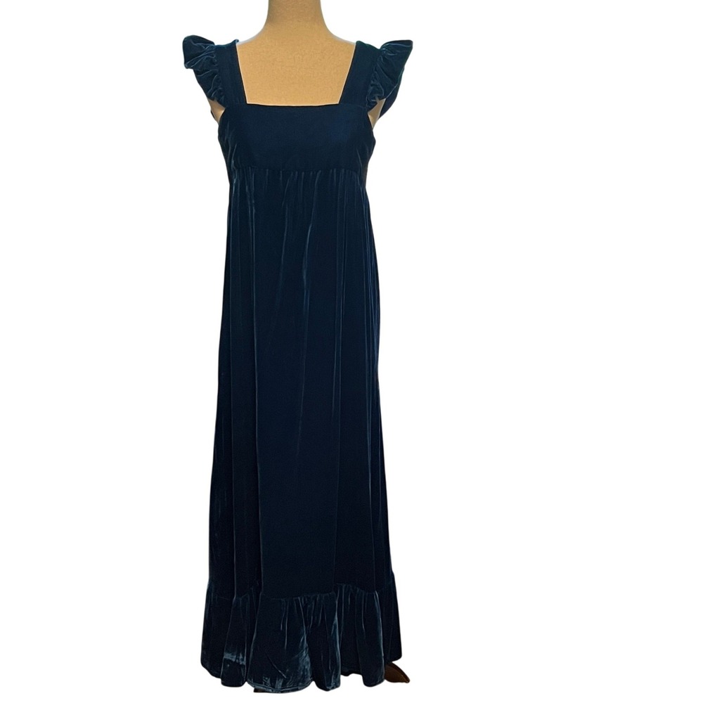 Vtg Handmade Velvet Maxi Dress S Blue Ruffle Empire Waist Regencycore 70s Flaw